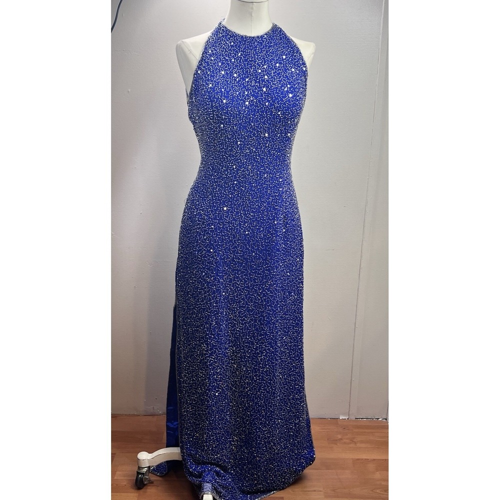 Beaded Halter Gown Open Back Formal Dress Sleeveless Royal Blue‎ Evening Small